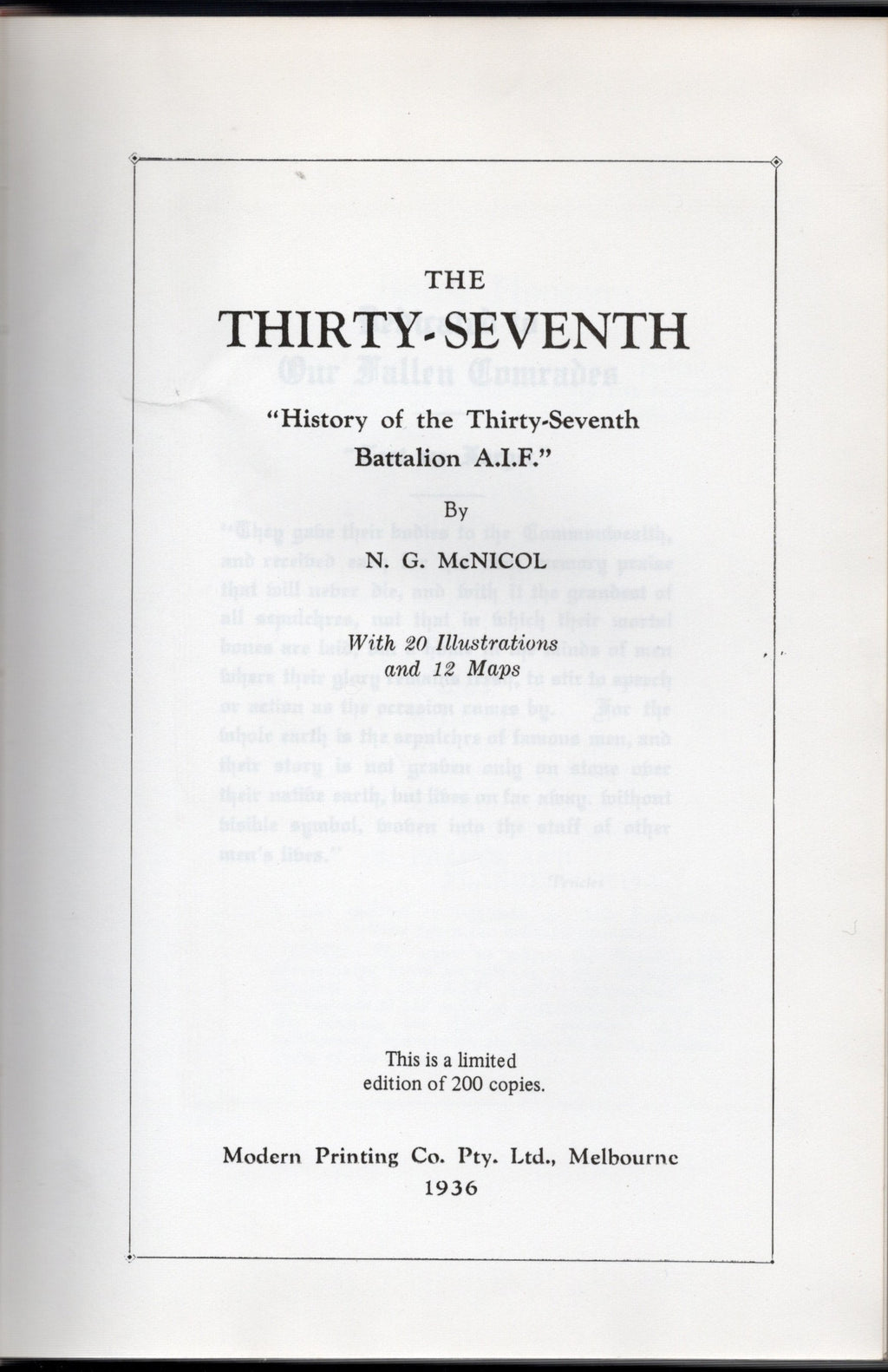 The History Of The Thirty Seventh Battalion A.I.F  (Fascsimile Edition)