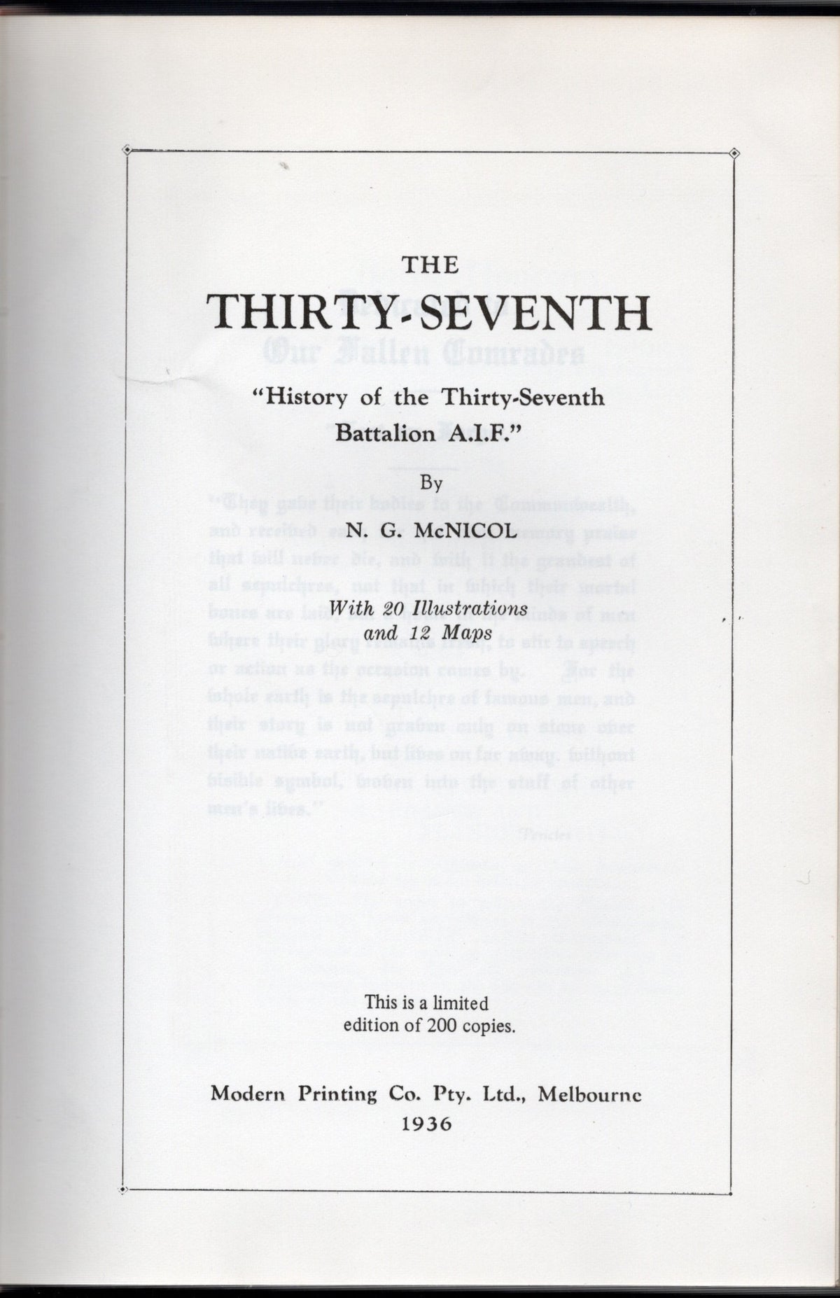 The History Of The Thirty Seventh Battalion A.I.F  (Fascsimile Edition)