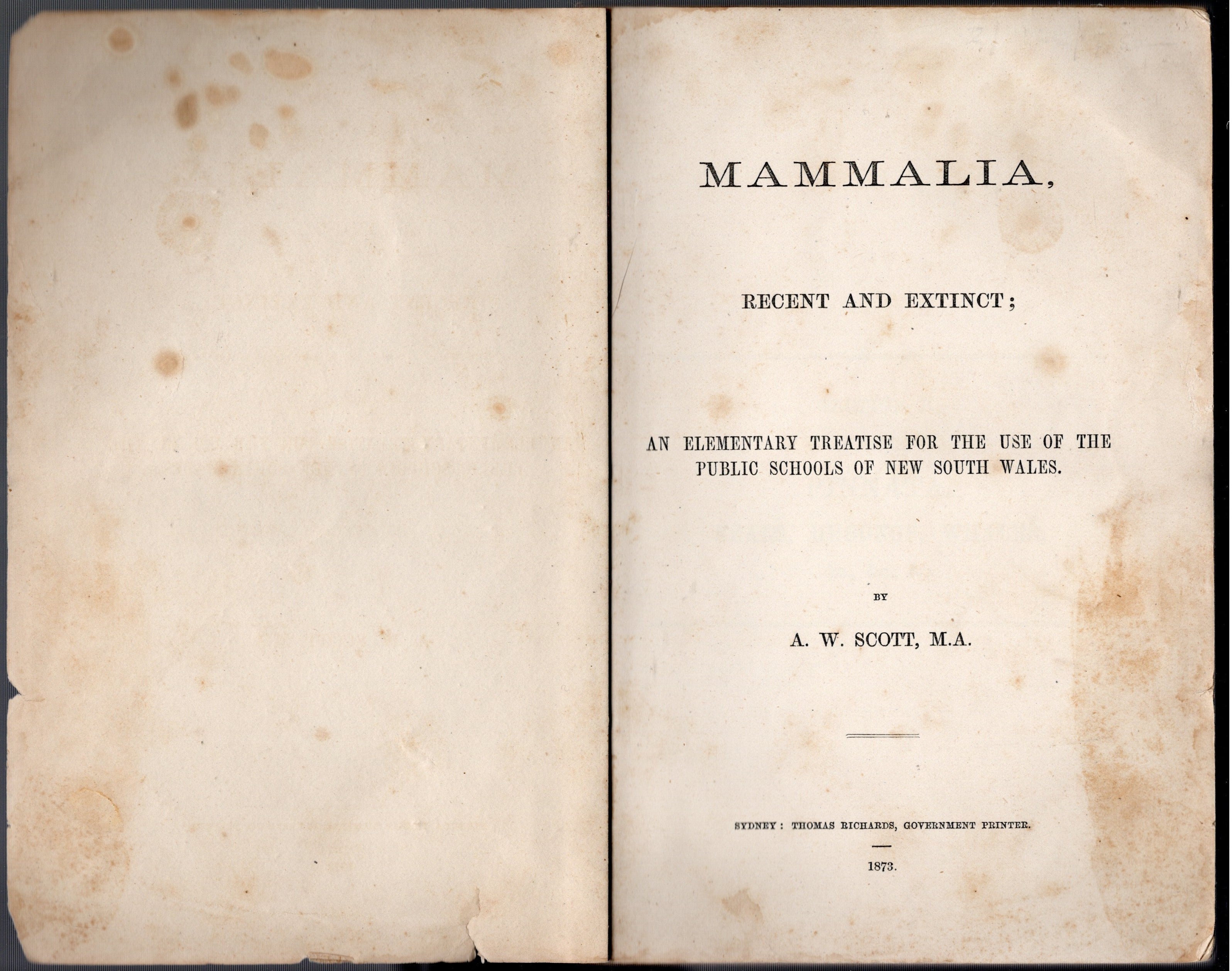 Mammalia, Recent and Extinct : An Elementary Treatise for the use of the Public Schools of New South Wales